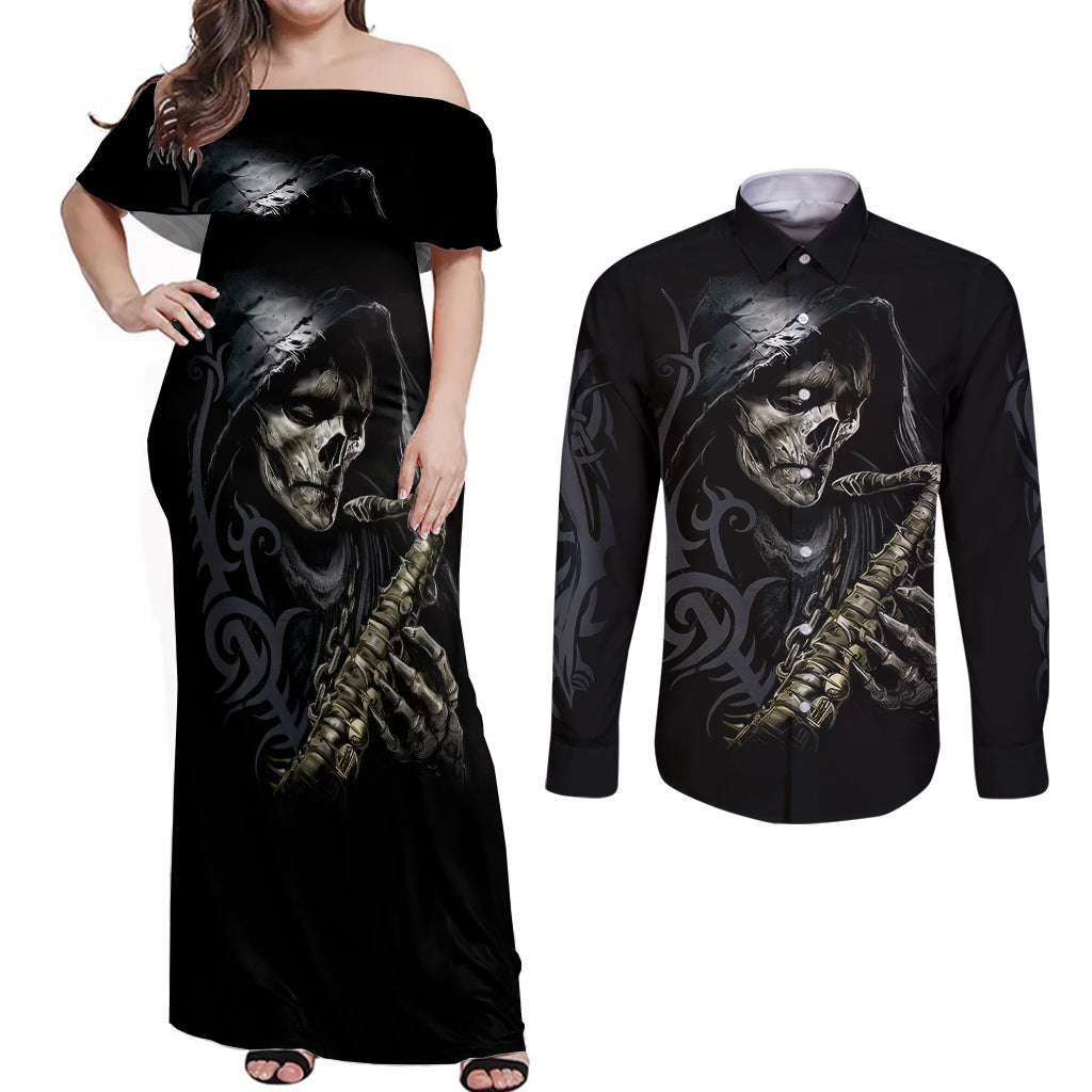 skull-couples-matching-off-shoulder-maxi-dress-and-long-sleeve-button-shirts-musician-of-death