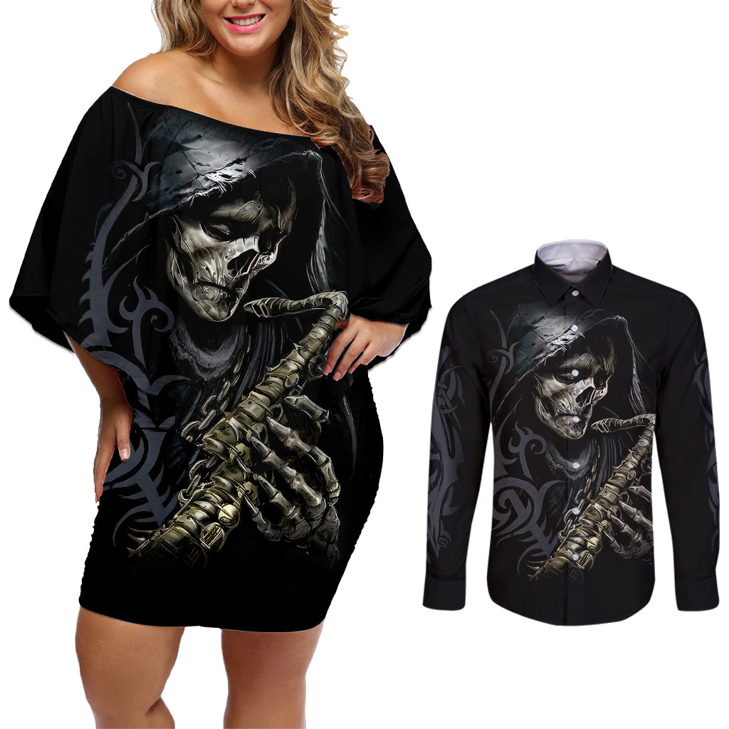 skull-couples-matching-off-shoulder-short-dress-and-long-sleeve-button-shirts-musician-of-death