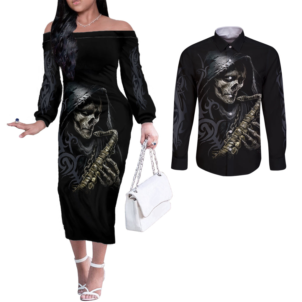 skull-couples-matching-off-the-shoulder-long-sleeve-dress-and-long-sleeve-button-shirts-musician-of-death