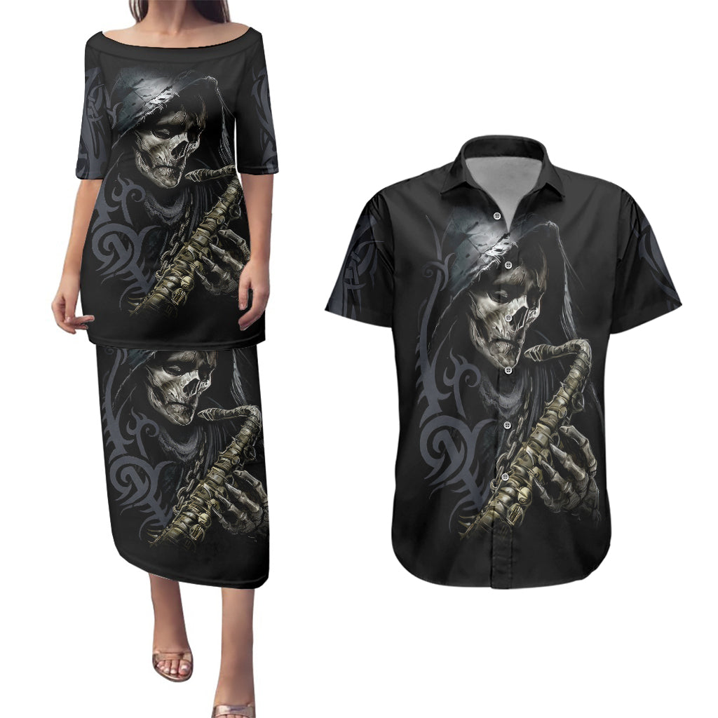 skull-couples-matching-puletasi-dress-and-hawaiian-shirt-musician-of-death