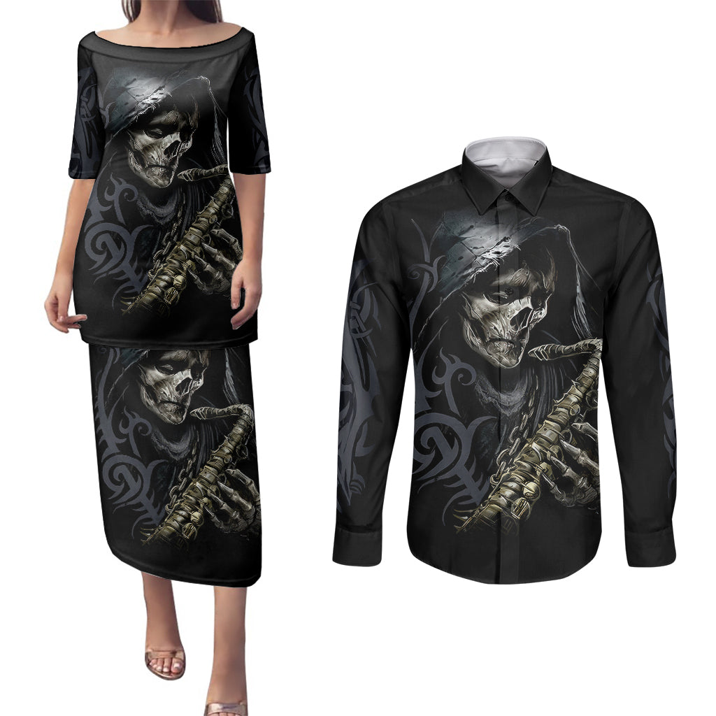 skull-couples-matching-puletasi-dress-and-long-sleeve-button-shirts-musician-of-death