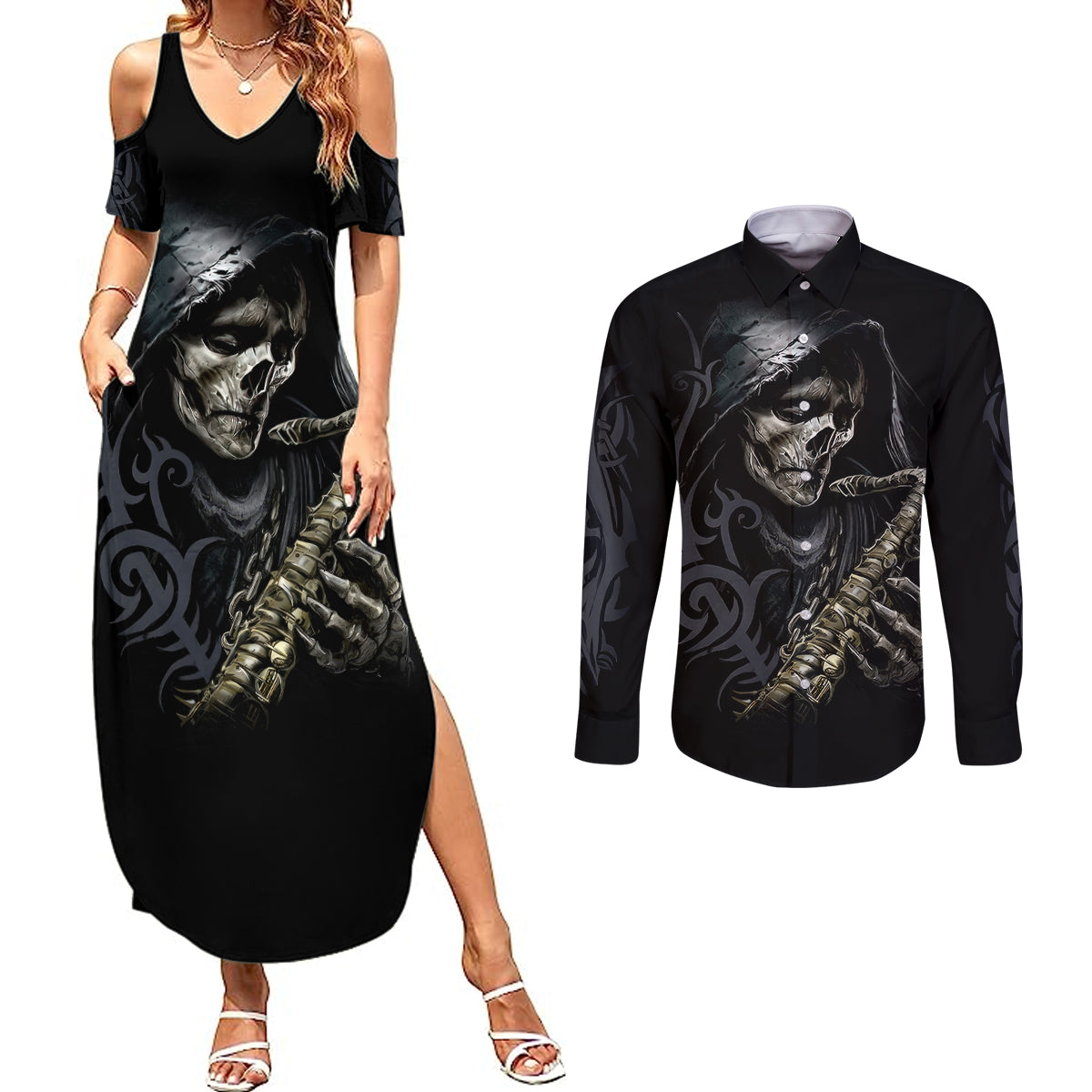 skull-couples-matching-summer-maxi-dress-and-long-sleeve-button-shirts-musician-of-death