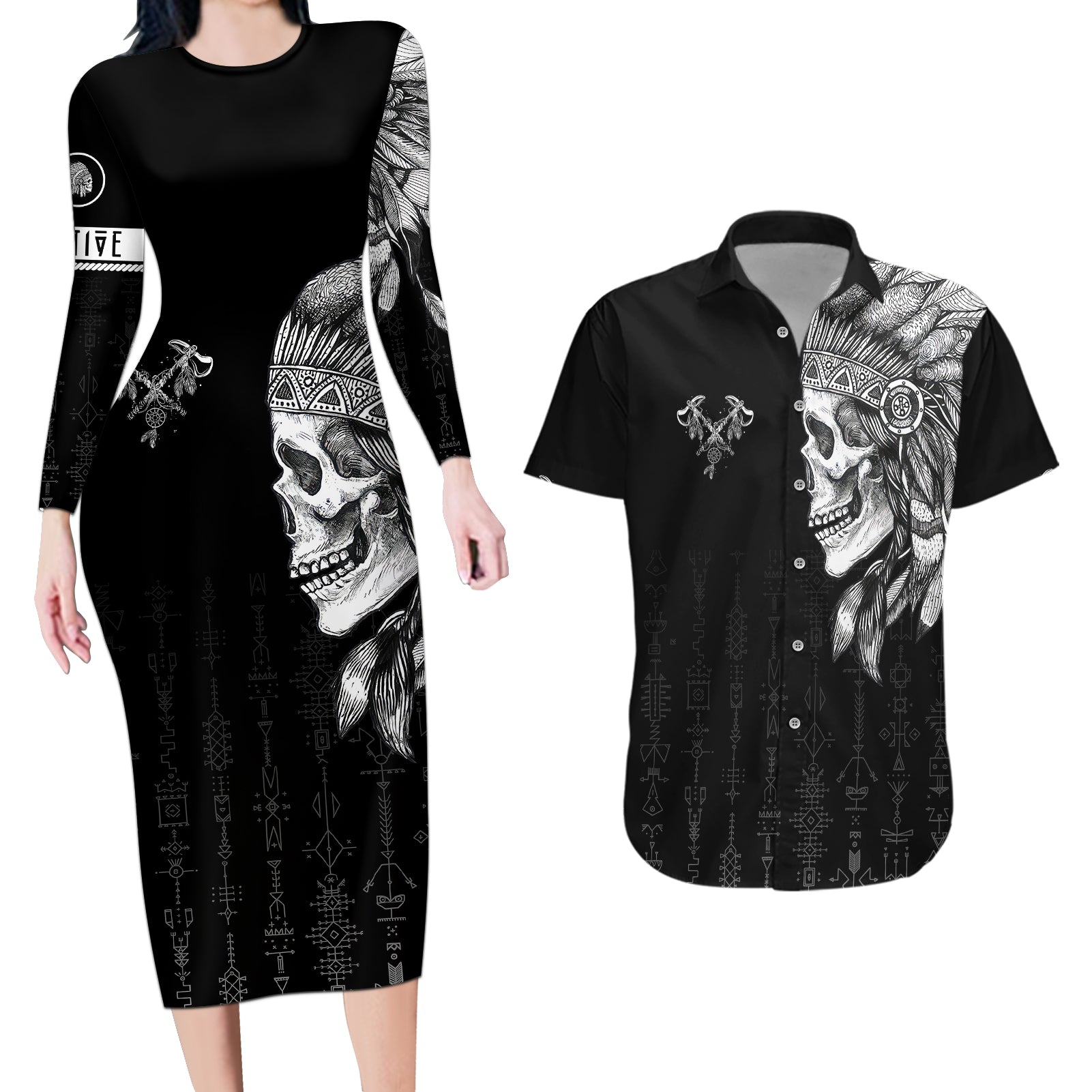 skull-couples-matching-long-sleeve-bodycon-dress-and-hawaiian-shirt-chief-skeleton