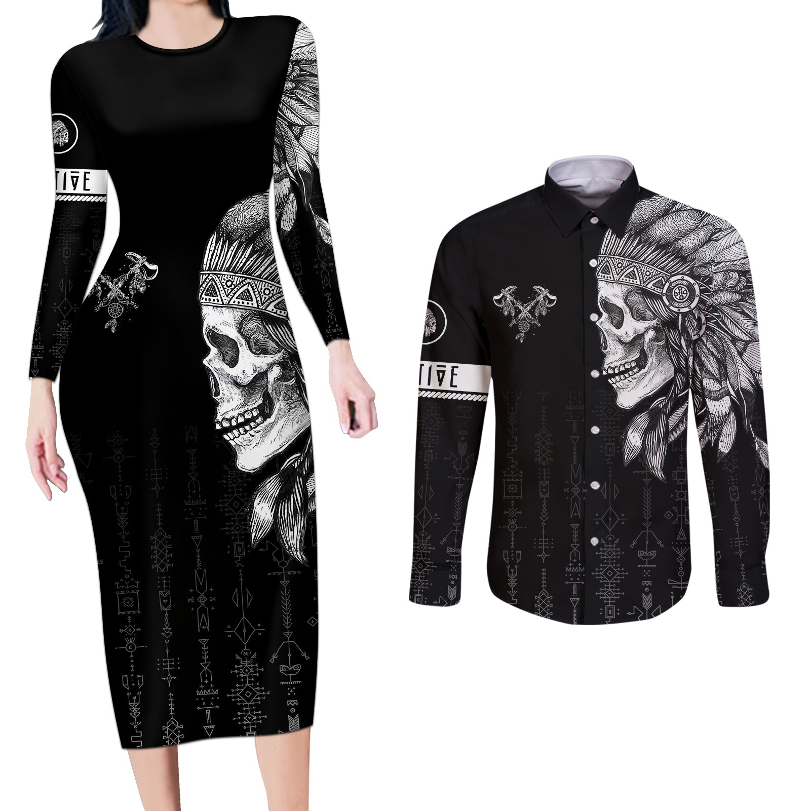 skull-couples-matching-long-sleeve-bodycon-dress-and-long-sleeve-button-shirts-chief-skeleton