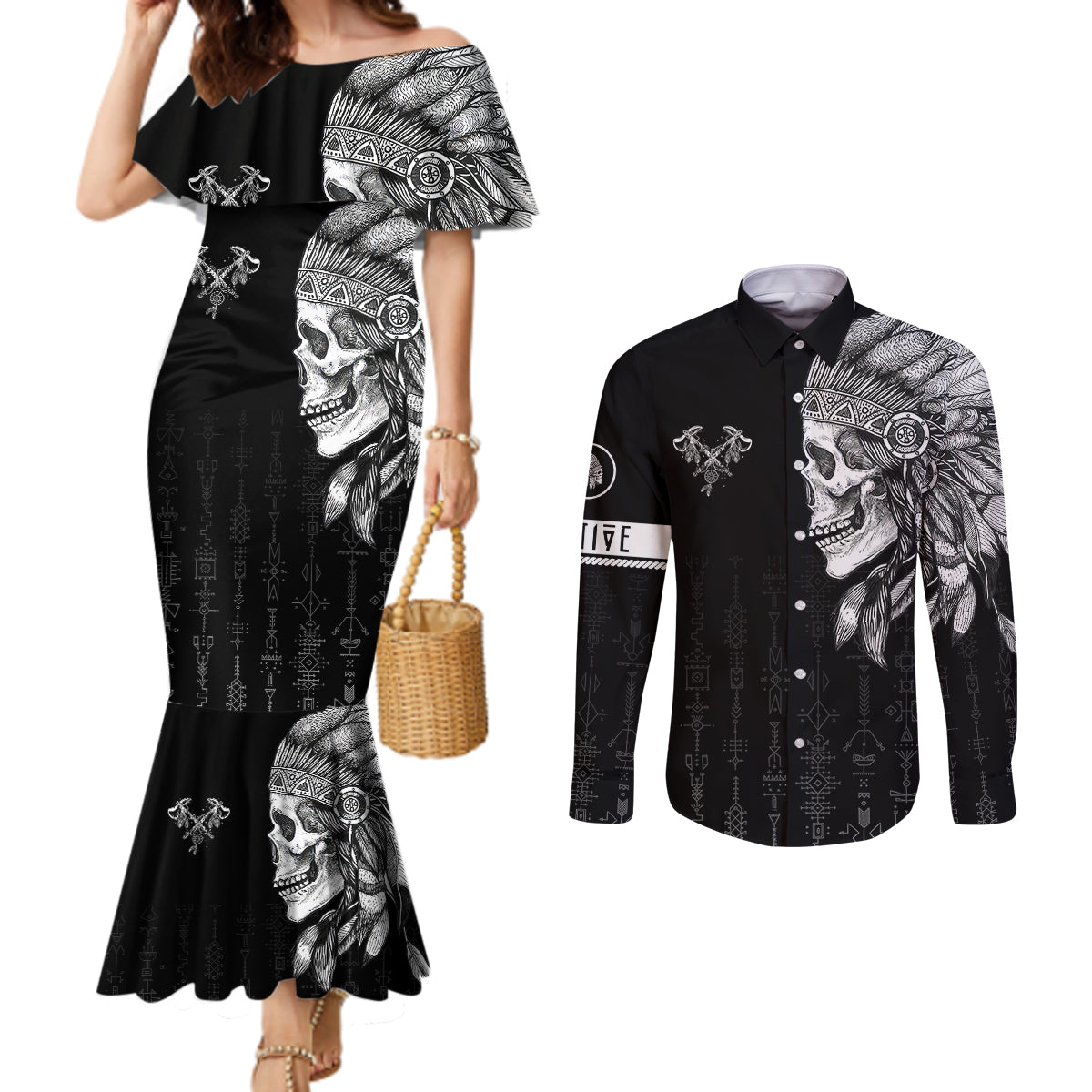 skull-couples-matching-mermaid-dress-and-long-sleeve-button-shirts-chief-skeleton