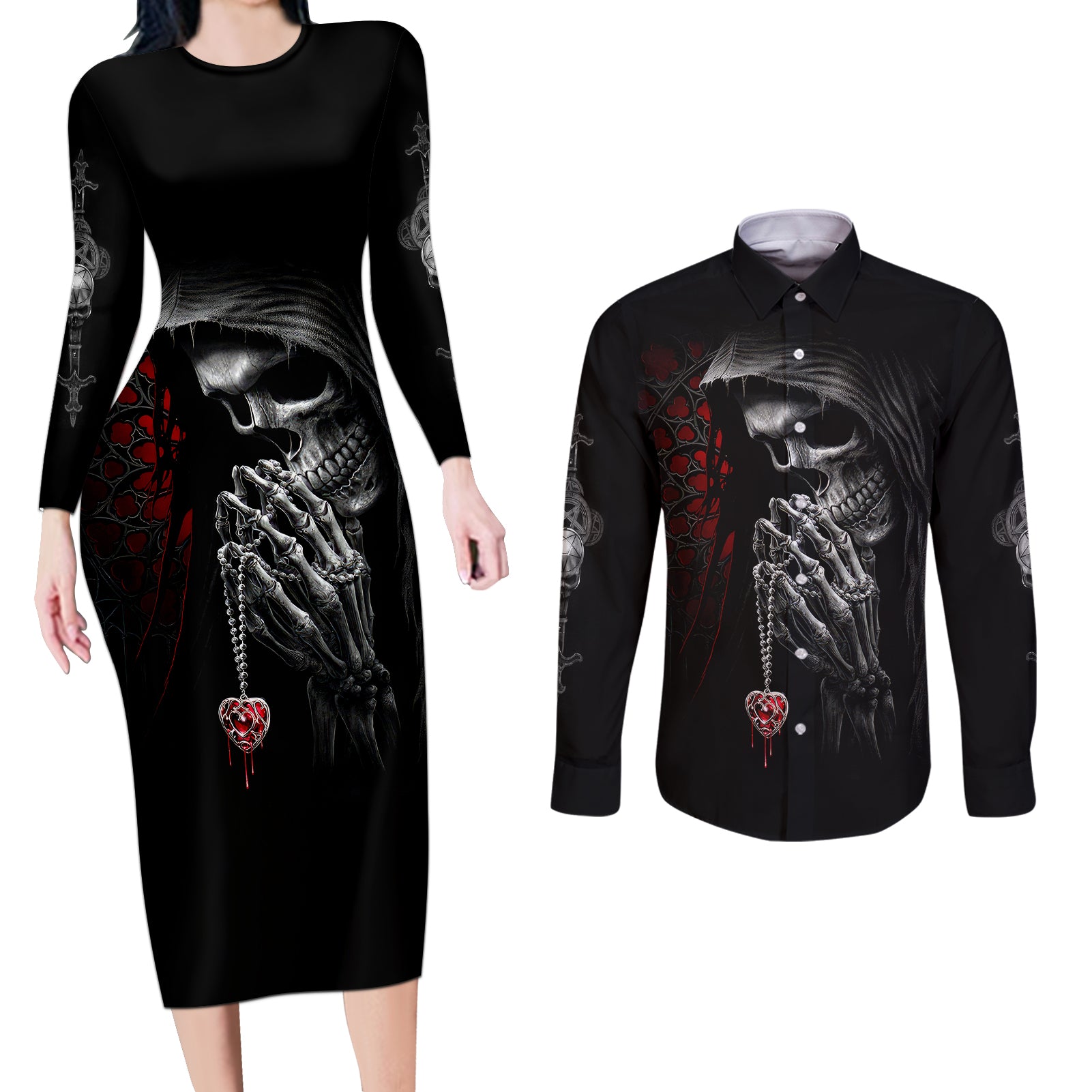 skull-couples-matching-long-sleeve-bodycon-dress-and-long-sleeve-button-shirts-death-angel-in-love