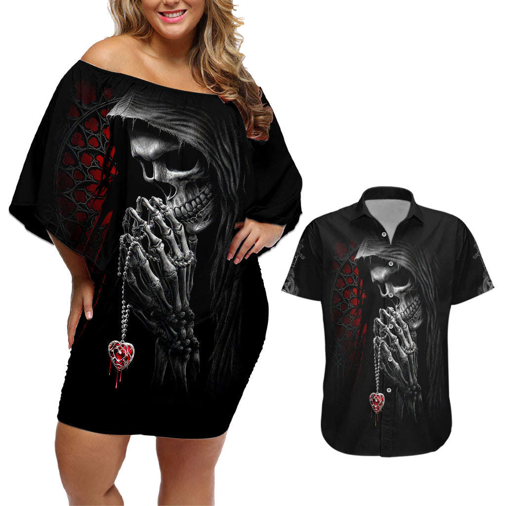 skull-couples-matching-off-shoulder-short-dress-and-hawaiian-shirt-death-angel-in-love