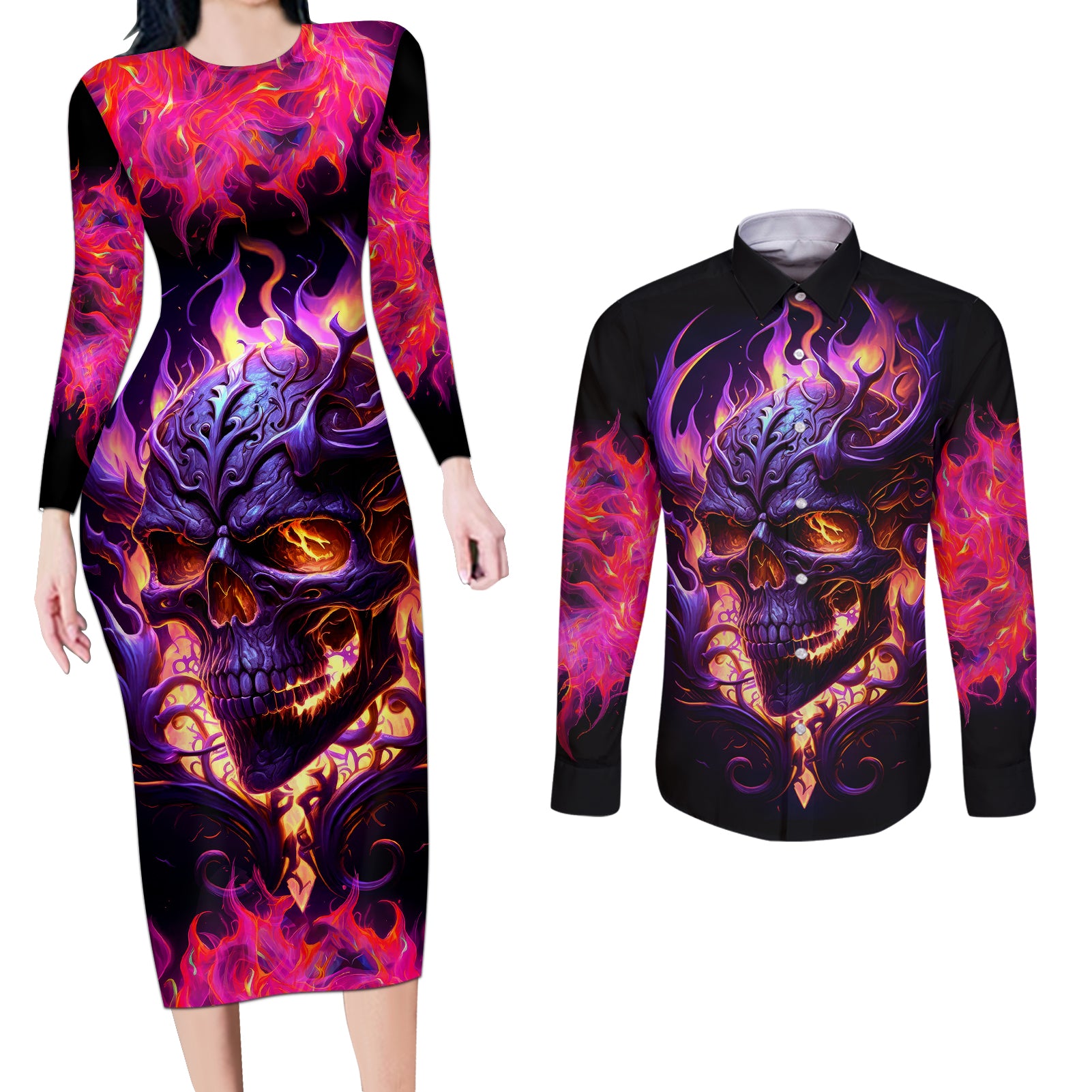 skull-couples-matching-long-sleeve-bodycon-dress-and-long-sleeve-button-shirts-purple-skull-fire