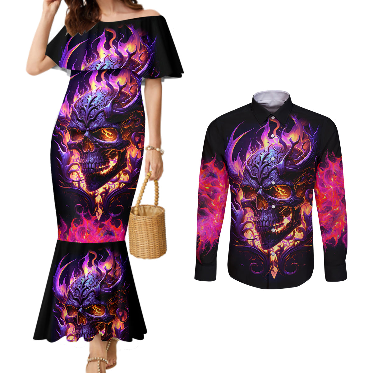 skull-couples-matching-mermaid-dress-and-long-sleeve-button-shirts-purple-skull-fire