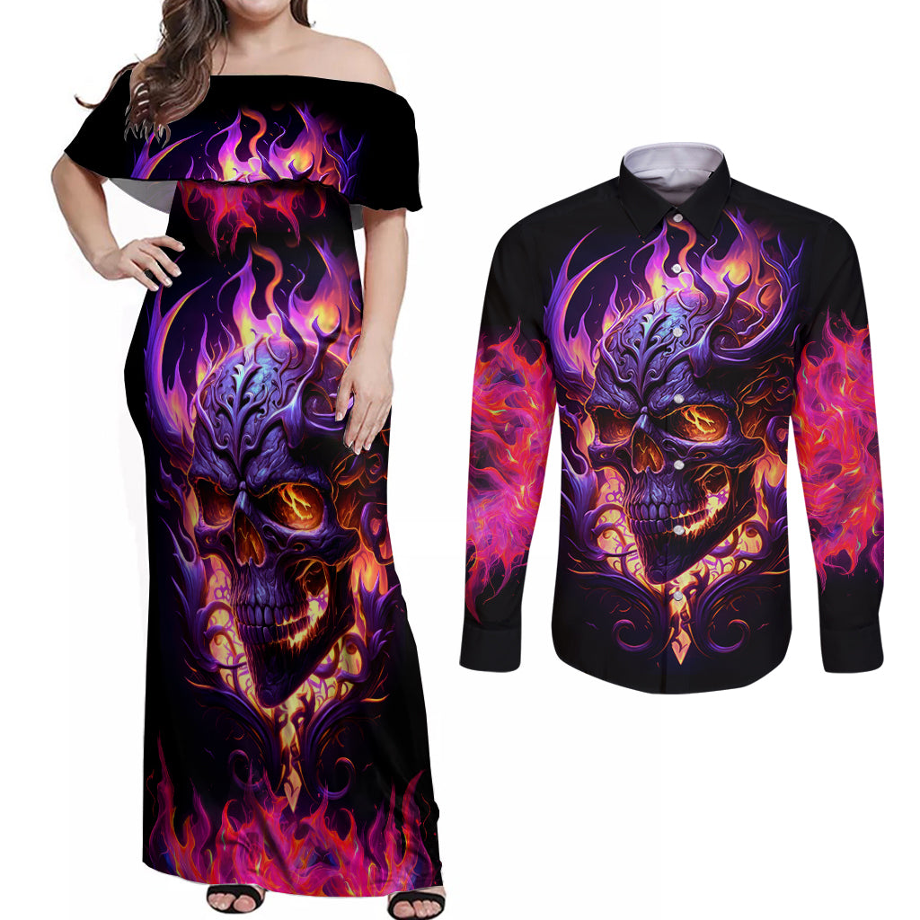 skull-couples-matching-off-shoulder-maxi-dress-and-long-sleeve-button-shirts-purple-skull-fire