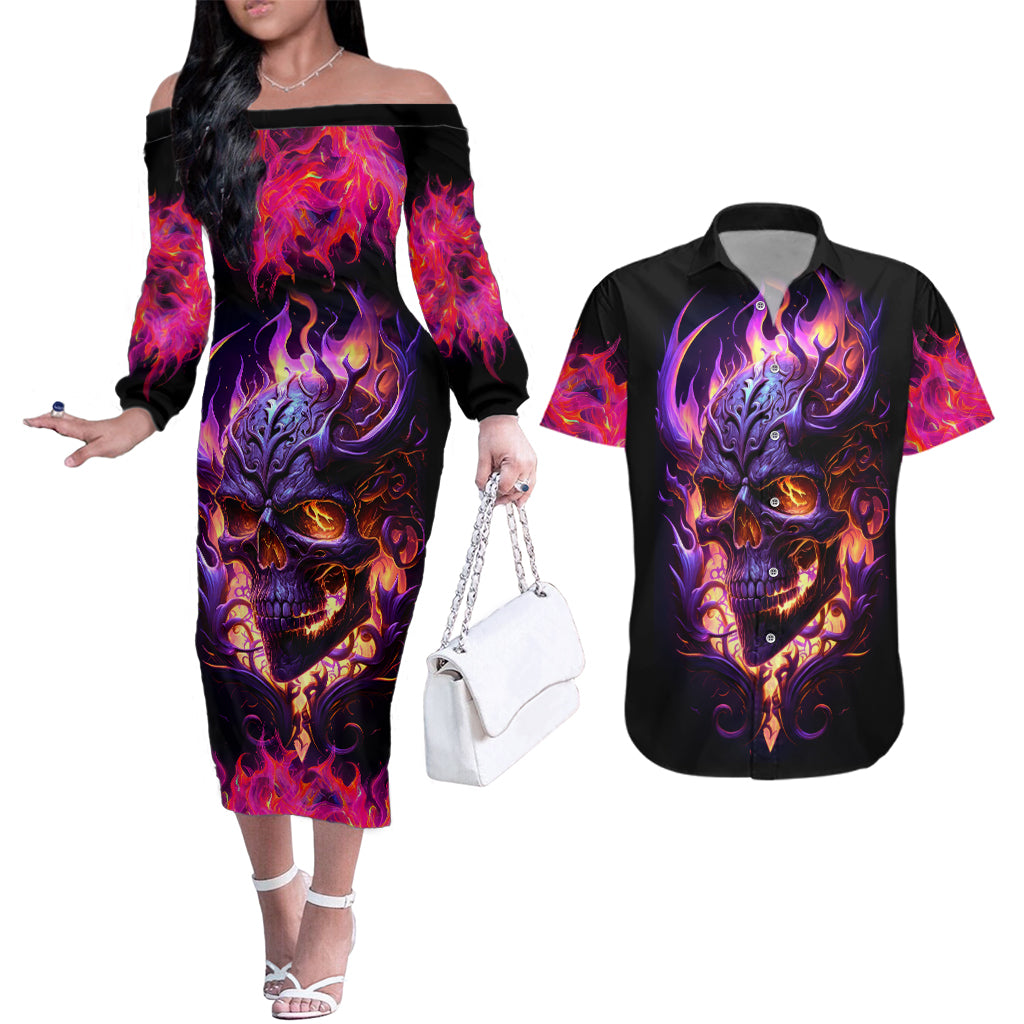 skull-couples-matching-off-the-shoulder-long-sleeve-dress-and-hawaiian-shirt-purple-skull-fire