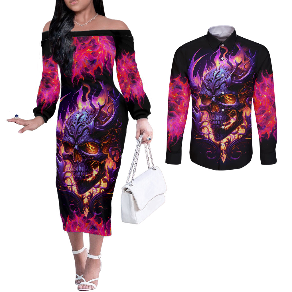 skull-couples-matching-off-the-shoulder-long-sleeve-dress-and-long-sleeve-button-shirts-purple-skull-fire