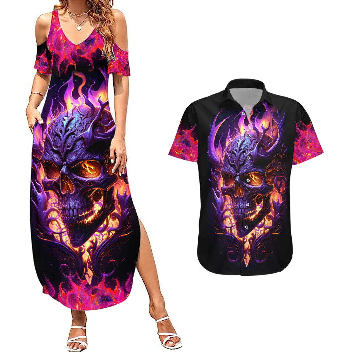 skull-couples-matching-summer-maxi-dress-and-hawaiian-shirt-purple-skull-fire