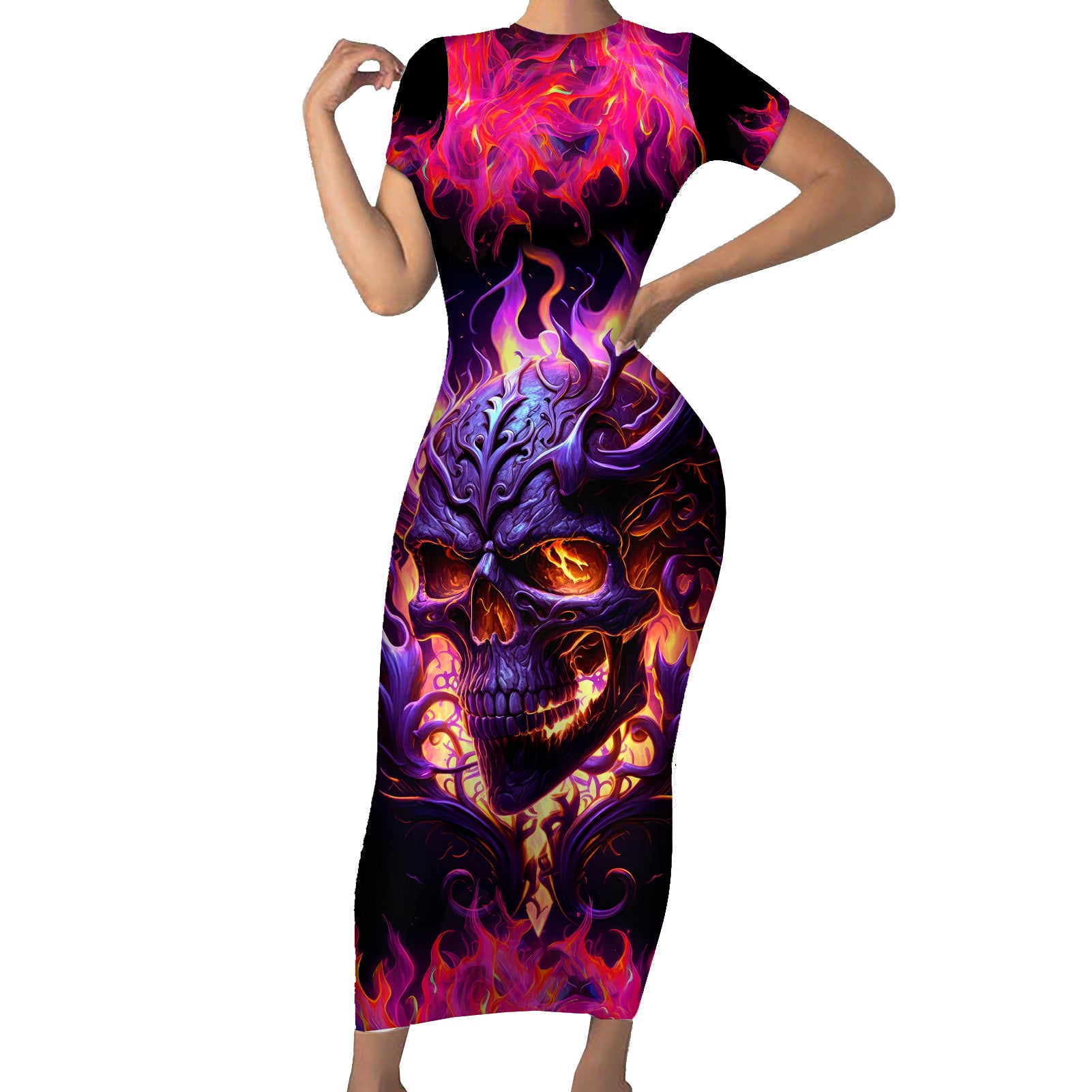 skull-short-sleeve-bodycon-dress-purple-skull-fire