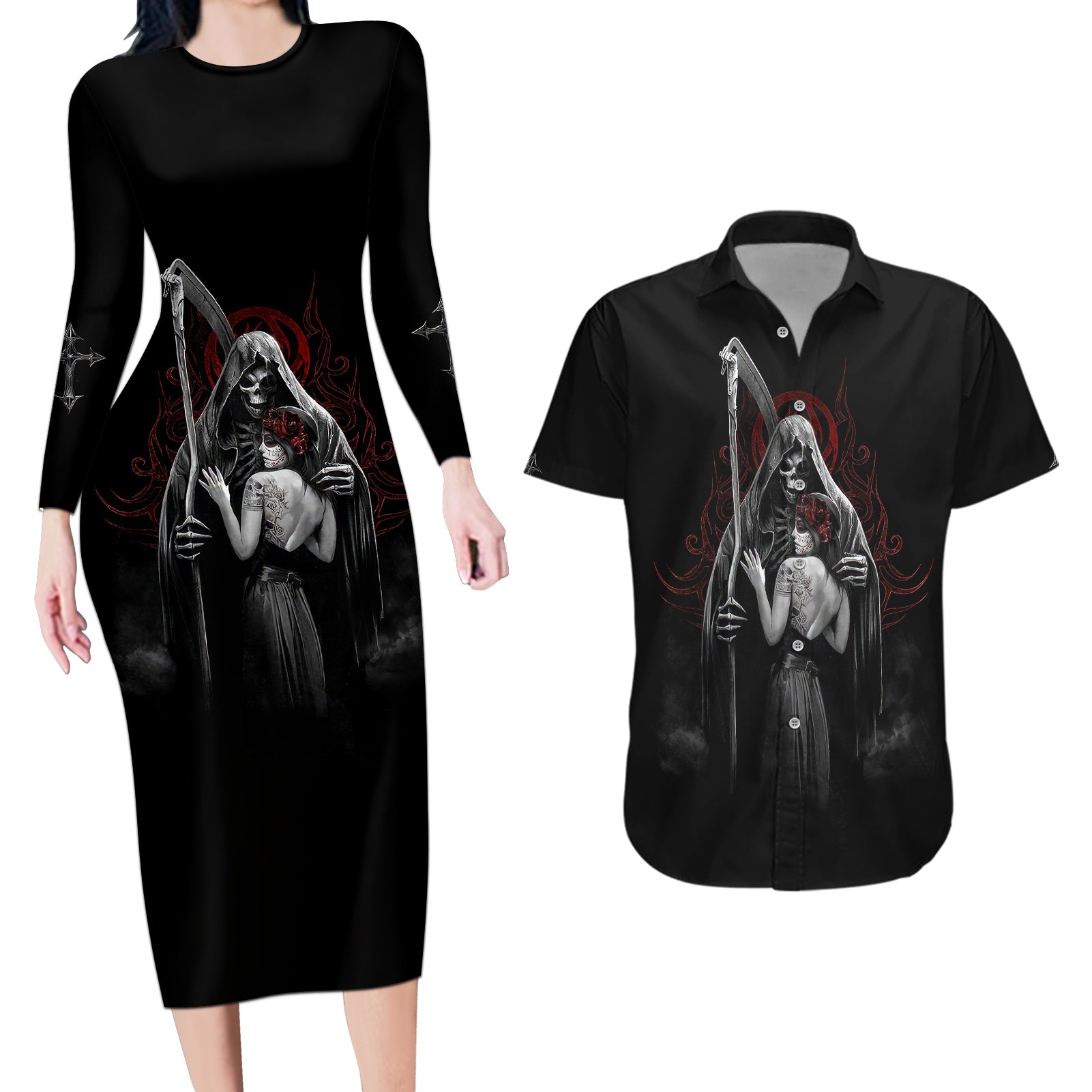 skull-couples-matching-long-sleeve-bodycon-dress-and-hawaiian-shirt-death-angel-and-da-de-muertos-girl