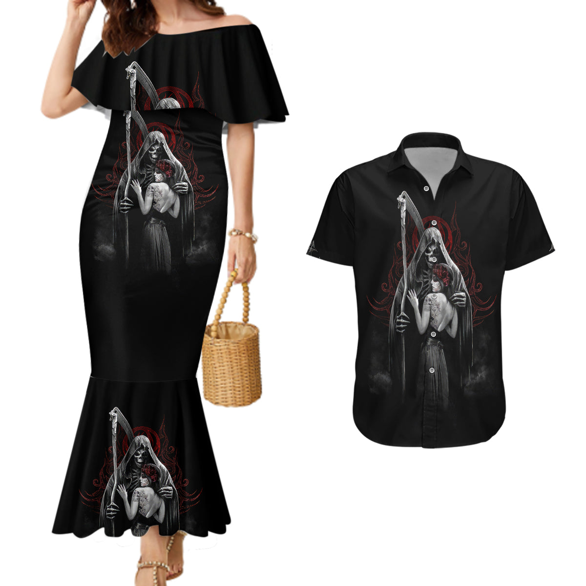 skull-couples-matching-mermaid-dress-and-hawaiian-shirt-death-angel-and-da-de-muertos-girl