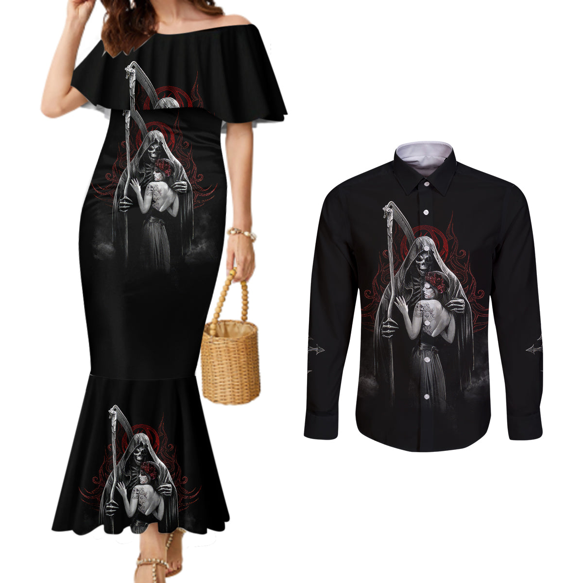 skull-couples-matching-mermaid-dress-and-long-sleeve-button-shirts-death-angel-and-da-de-muertos-girl