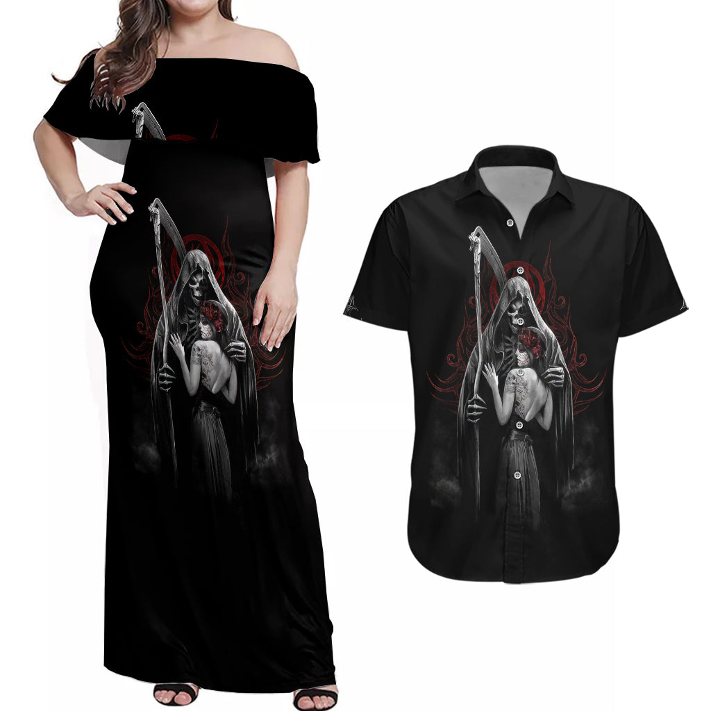 skull-couples-matching-off-shoulder-maxi-dress-and-hawaiian-shirt-death-angel-and-da-de-muertos-girl