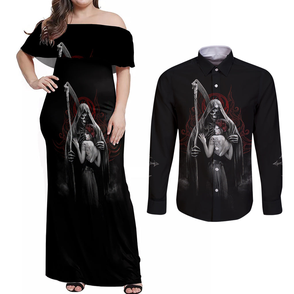 skull-couples-matching-off-shoulder-maxi-dress-and-long-sleeve-button-shirts-death-angel-and-da-de-muertos-girl