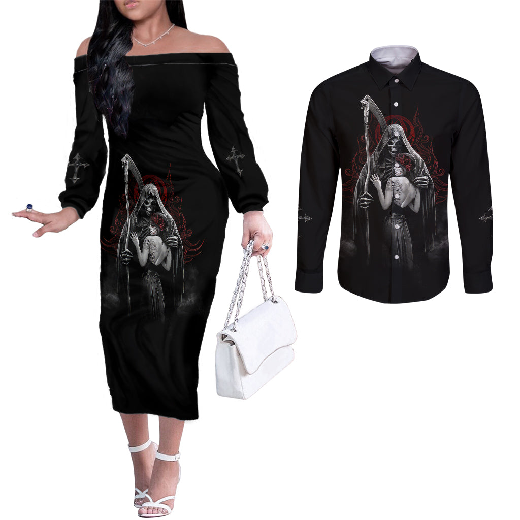 skull-couples-matching-off-the-shoulder-long-sleeve-dress-and-long-sleeve-button-shirts-death-angel-and-da-de-muertos-girl