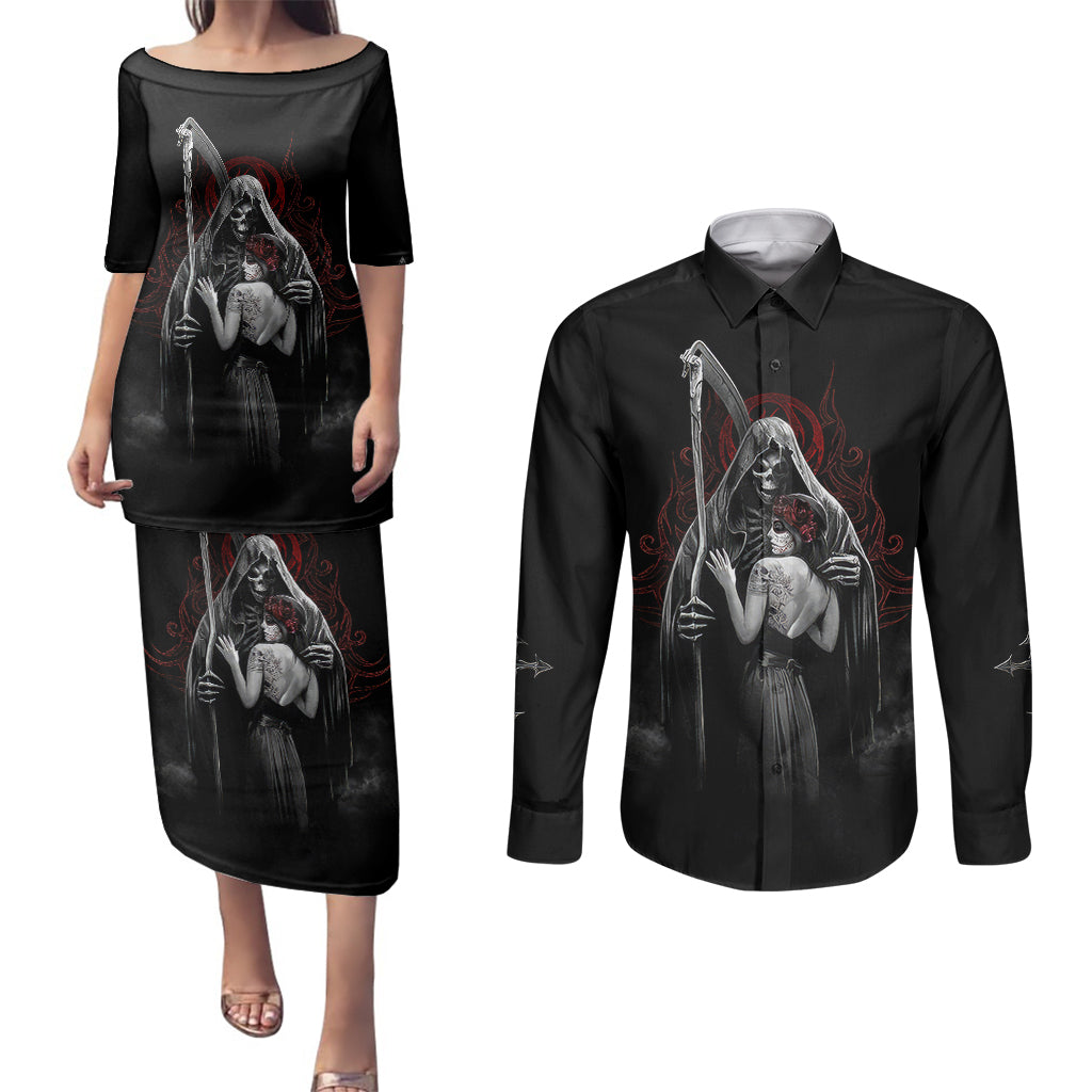 skull-couples-matching-puletasi-dress-and-long-sleeve-button-shirts-death-angel-and-da-de-muertos-girl