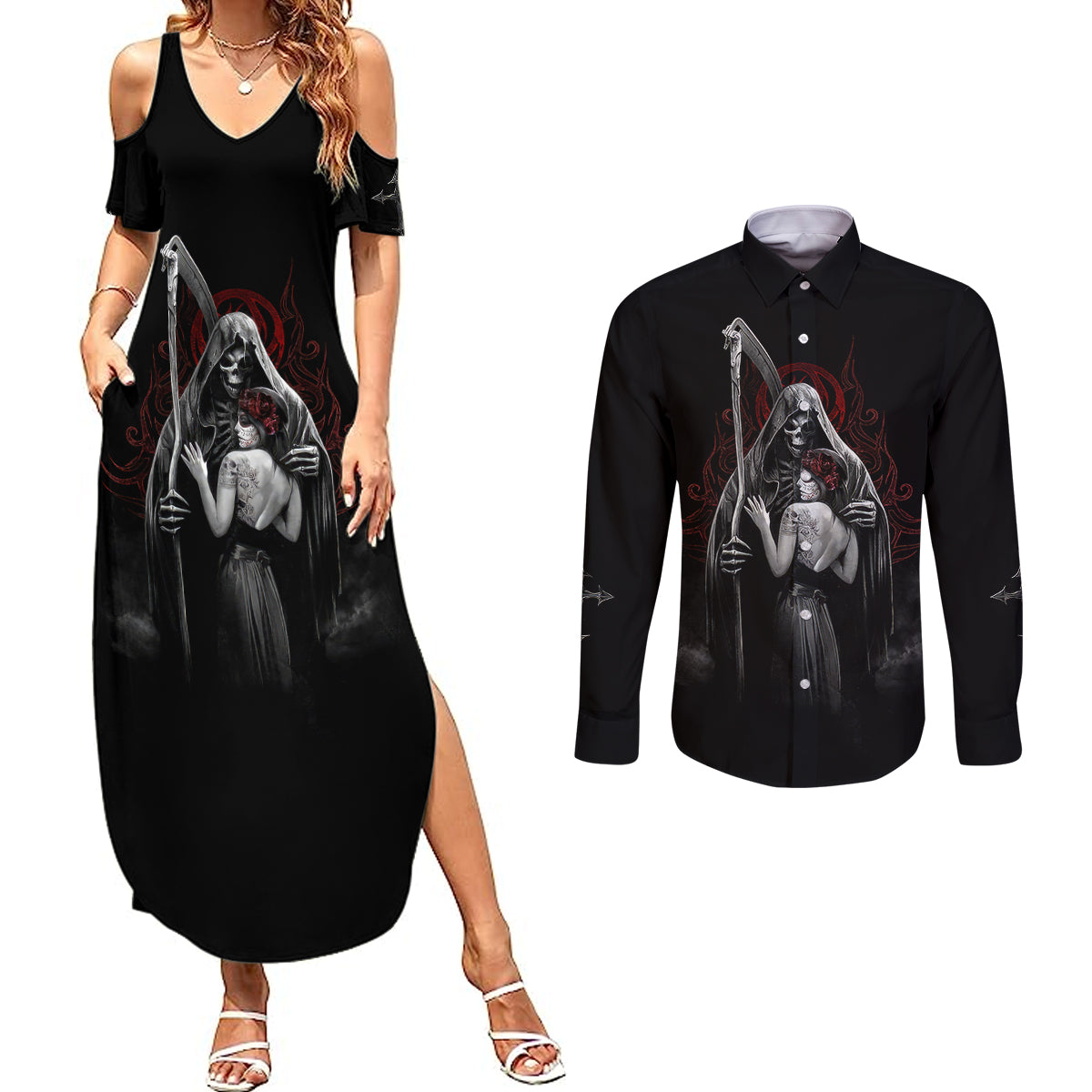 skull-couples-matching-summer-maxi-dress-and-long-sleeve-button-shirts-death-angel-and-da-de-muertos-girl