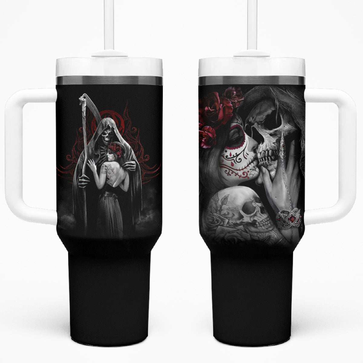 Skull Tumbler With Handle Death Angel And Día de Muertos Girl