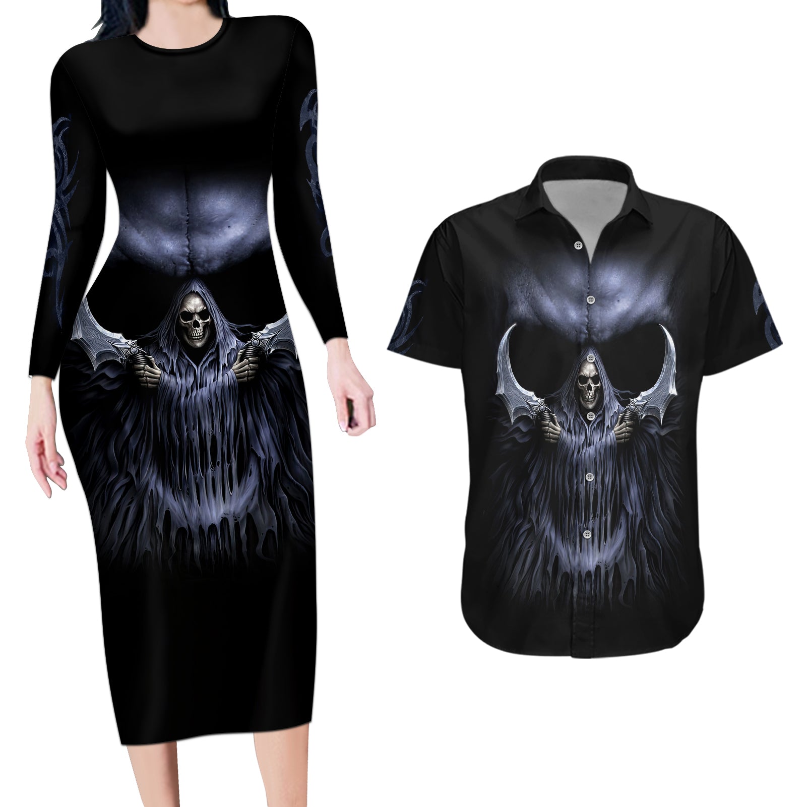 skull-couples-matching-long-sleeve-bodycon-dress-and-hawaiian-shirt-purple-death-reaper