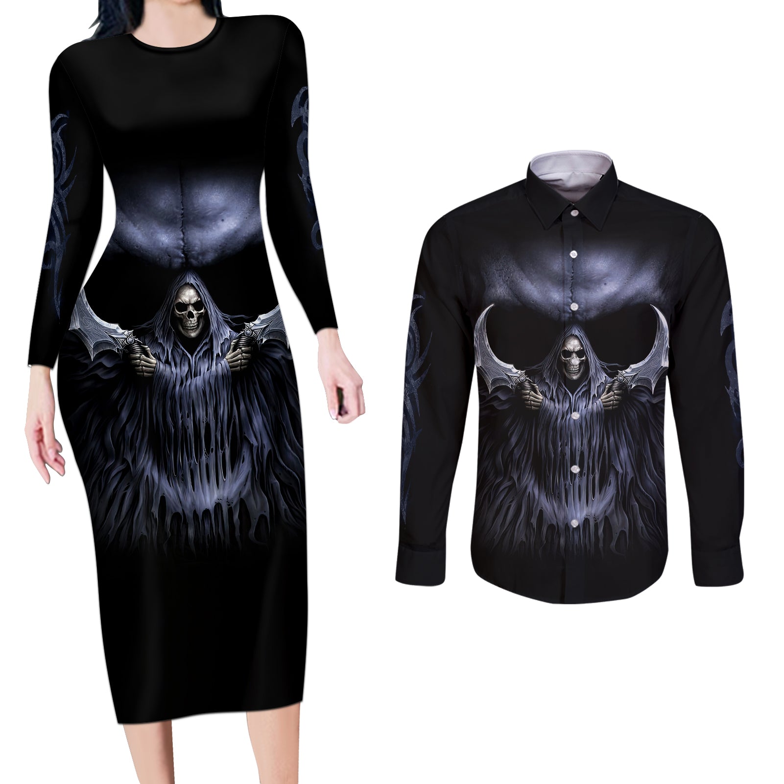 skull-couples-matching-long-sleeve-bodycon-dress-and-long-sleeve-button-shirts-purple-death-reaper