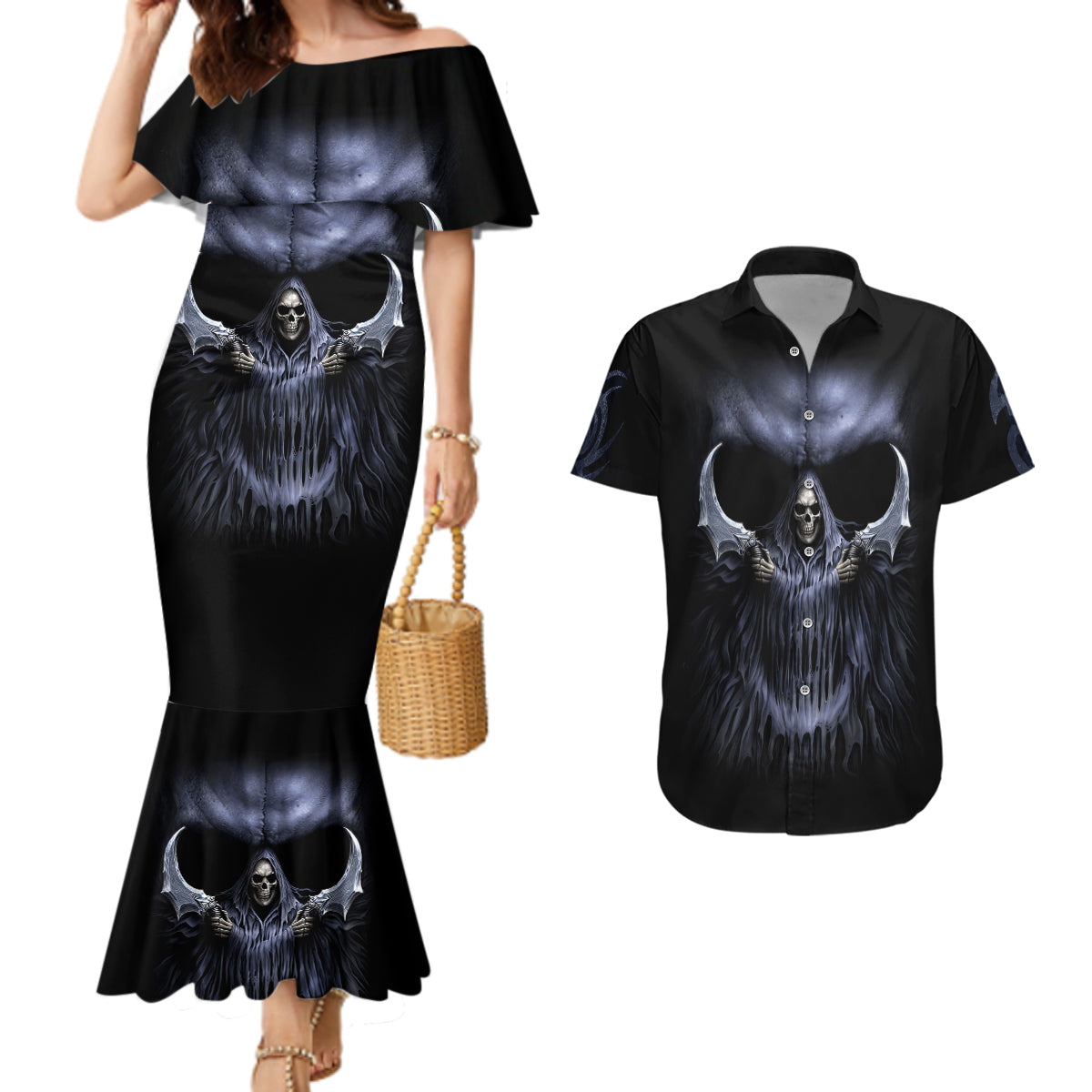 skull-couples-matching-mermaid-dress-and-hawaiian-shirt-purple-death-reaper