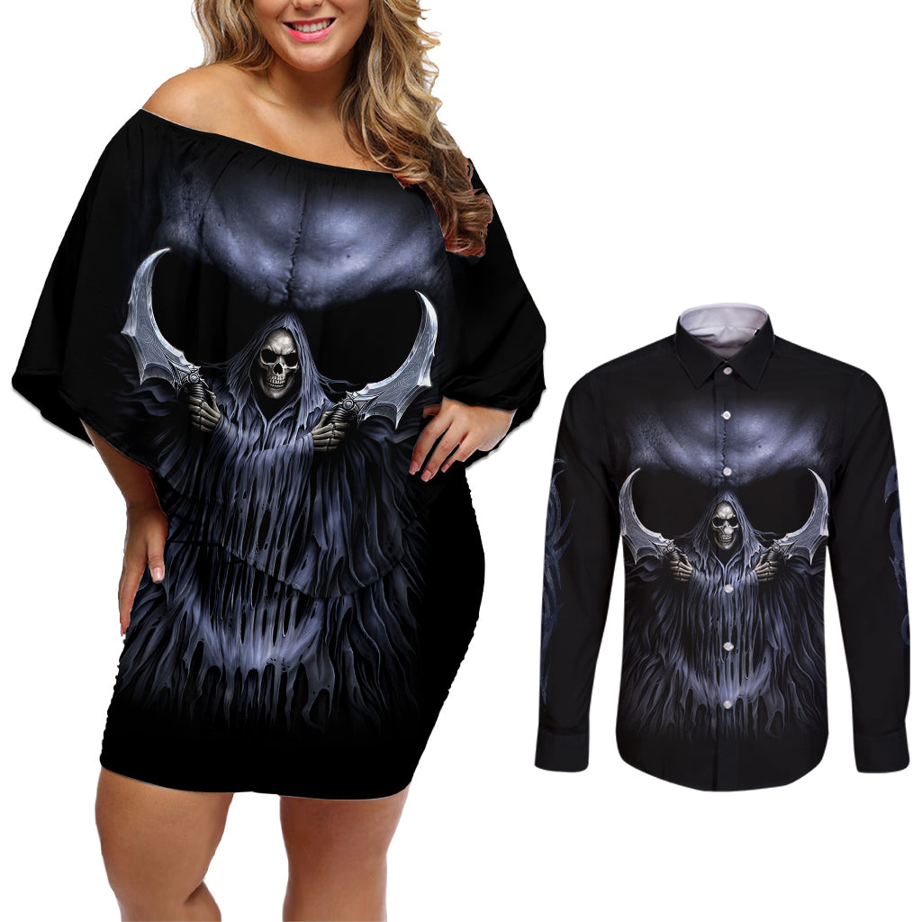 skull-couples-matching-off-shoulder-short-dress-and-long-sleeve-button-shirts-purple-death-reaper