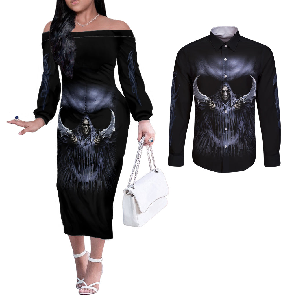 skull-couples-matching-off-the-shoulder-long-sleeve-dress-and-long-sleeve-button-shirts-purple-death-reaper