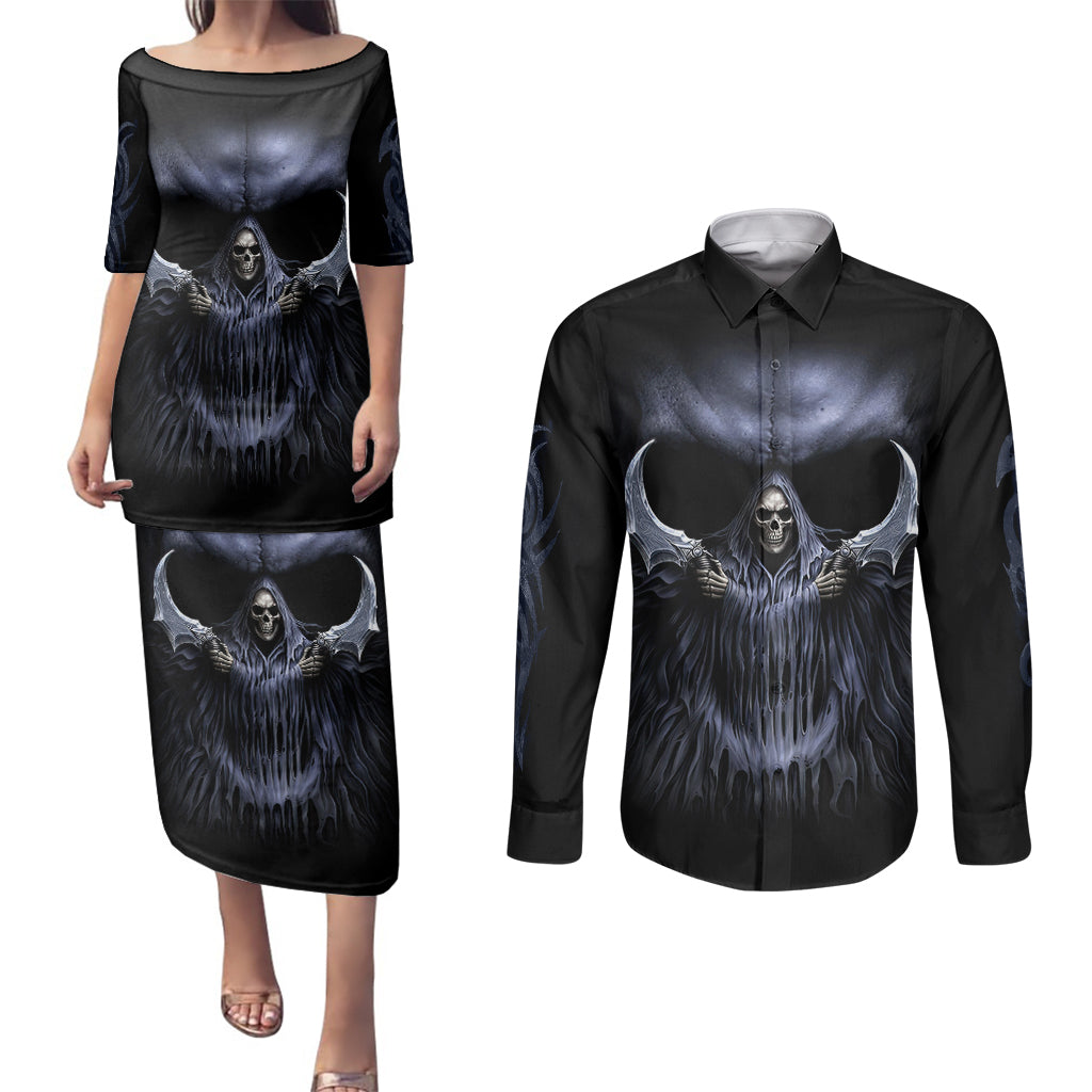 skull-couples-matching-puletasi-dress-and-long-sleeve-button-shirts-purple-death-reaper