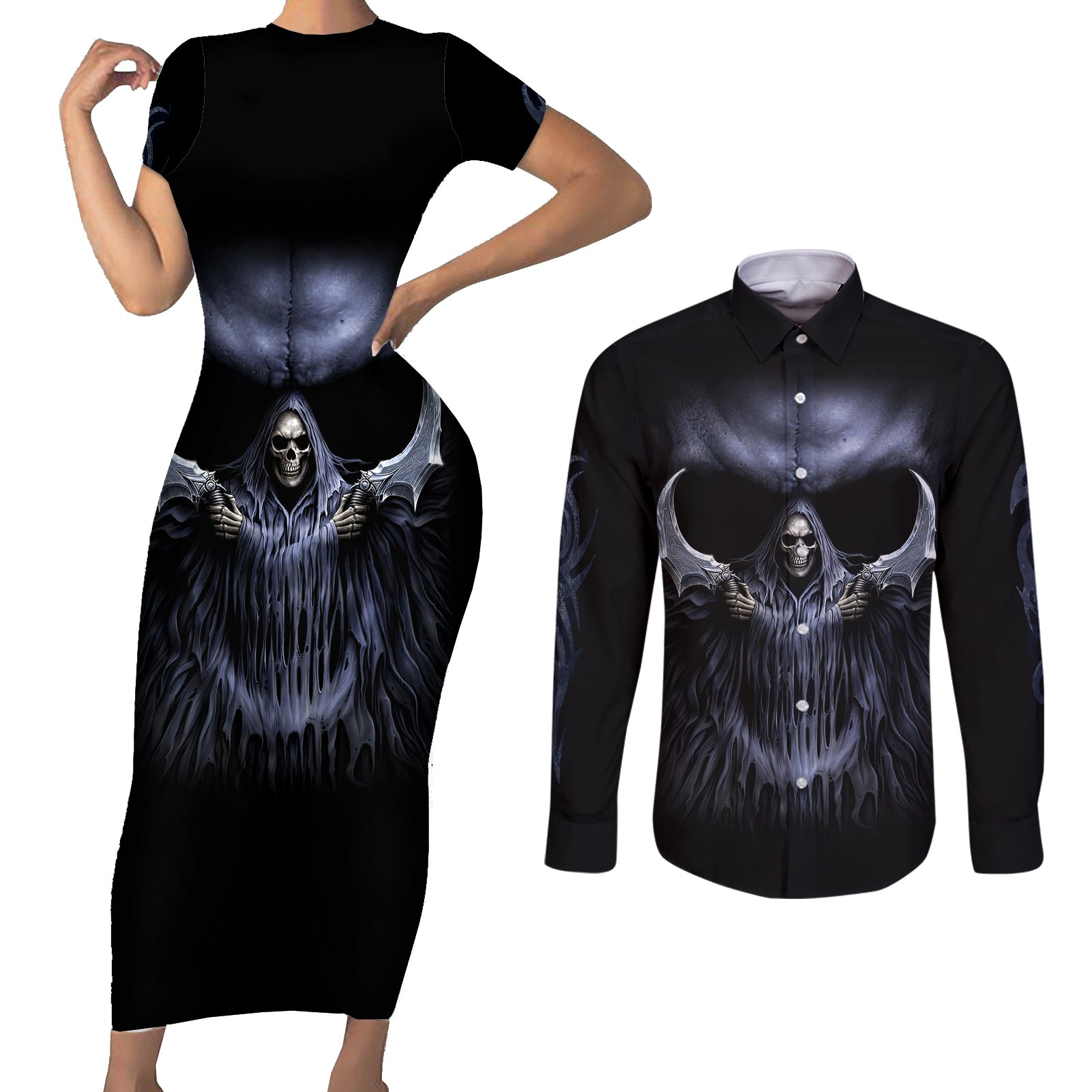 skull-couples-matching-short-sleeve-bodycon-dress-and-long-sleeve-button-shirts-purple-death-reaper