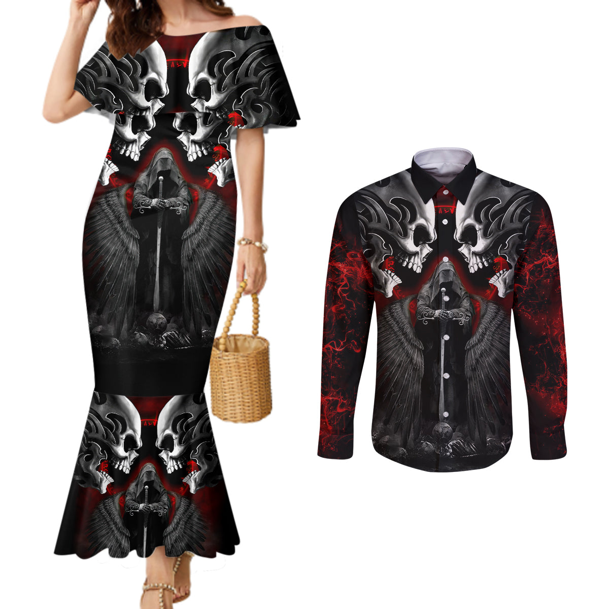 skull-couples-matching-mermaid-dress-and-long-sleeve-button-shirts-double-skull-and-death-angel