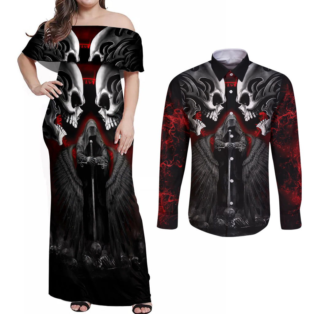 skull-couples-matching-off-shoulder-maxi-dress-and-long-sleeve-button-shirts-double-skull-and-death-angel