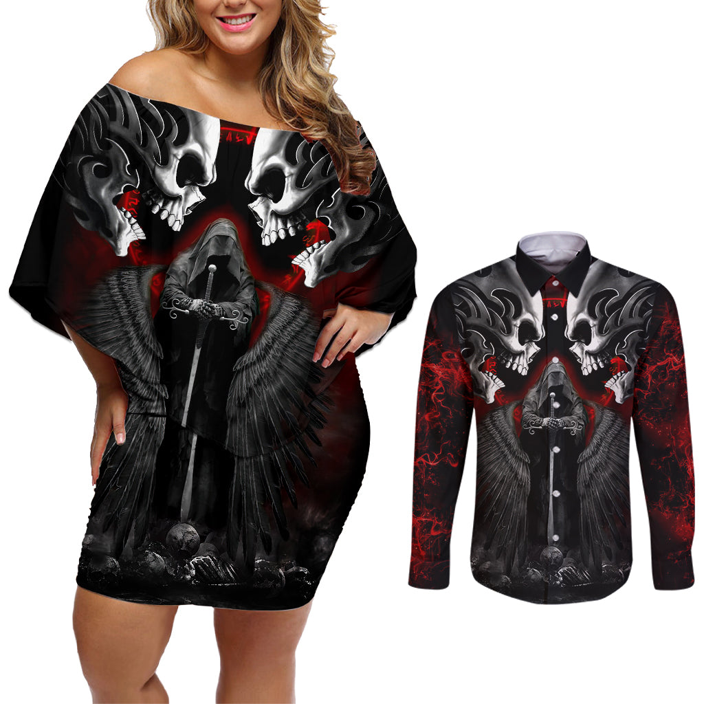 skull-couples-matching-off-shoulder-short-dress-and-long-sleeve-button-shirts-double-skull-and-death-angel