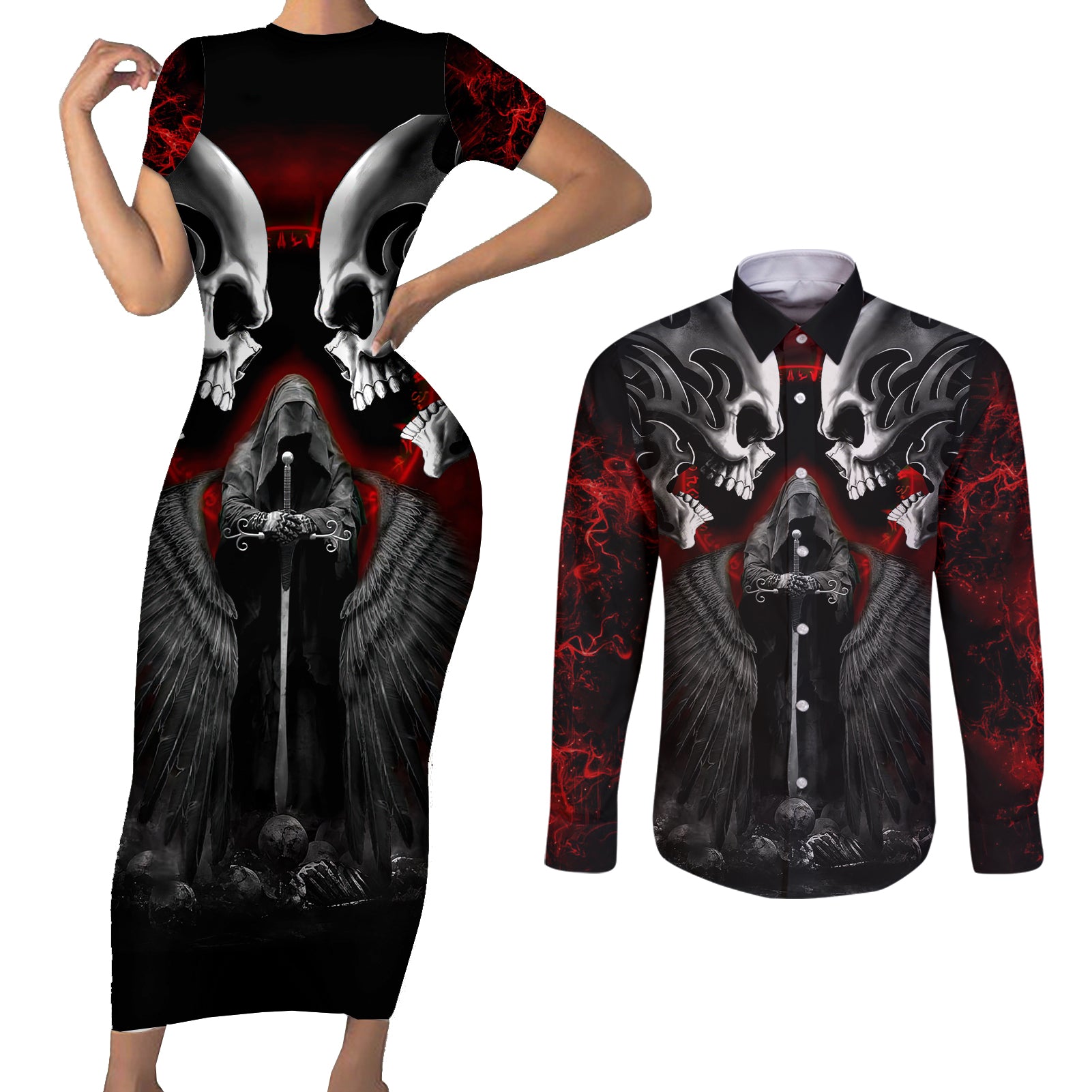 skull-couples-matching-short-sleeve-bodycon-dress-and-long-sleeve-button-shirts-double-skull-and-death-angel