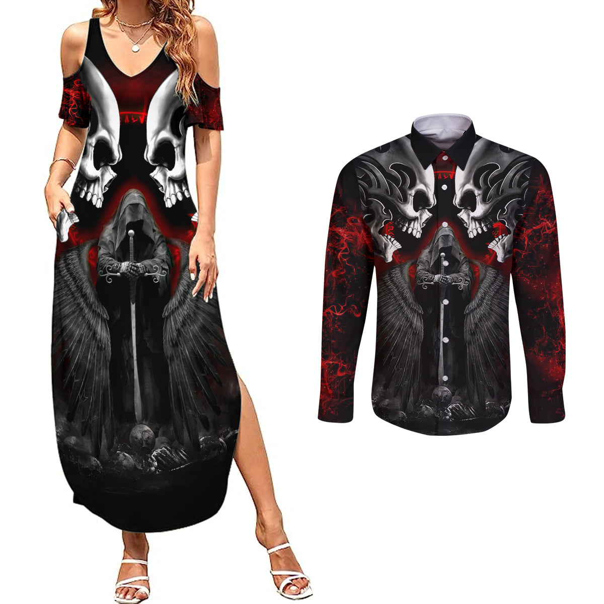 skull-couples-matching-summer-maxi-dress-and-long-sleeve-button-shirts-double-skull-and-death-angel