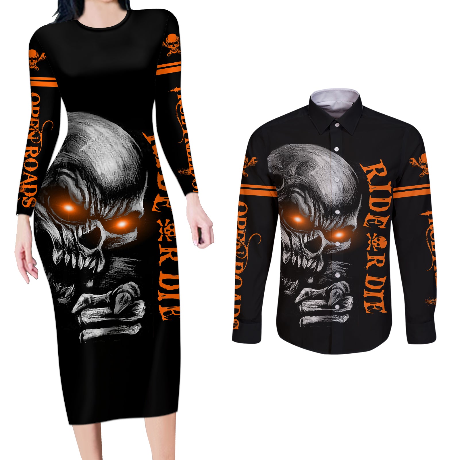 skull-couples-matching-long-sleeve-bodycon-dress-and-long-sleeve-button-shirts-ride-or-die