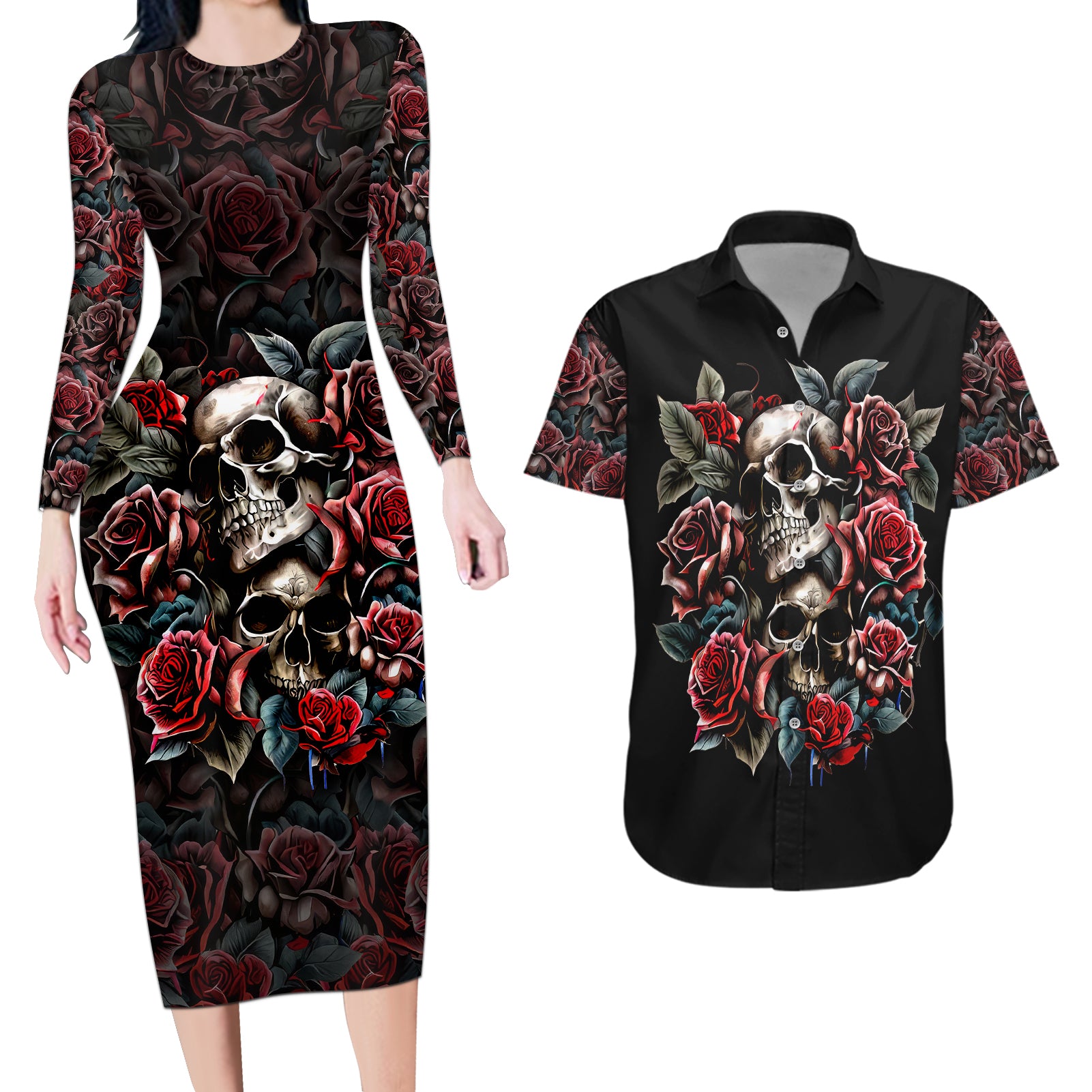 skull-couples-matching-long-sleeve-bodycon-dress-and-hawaiian-shirt-red-rose