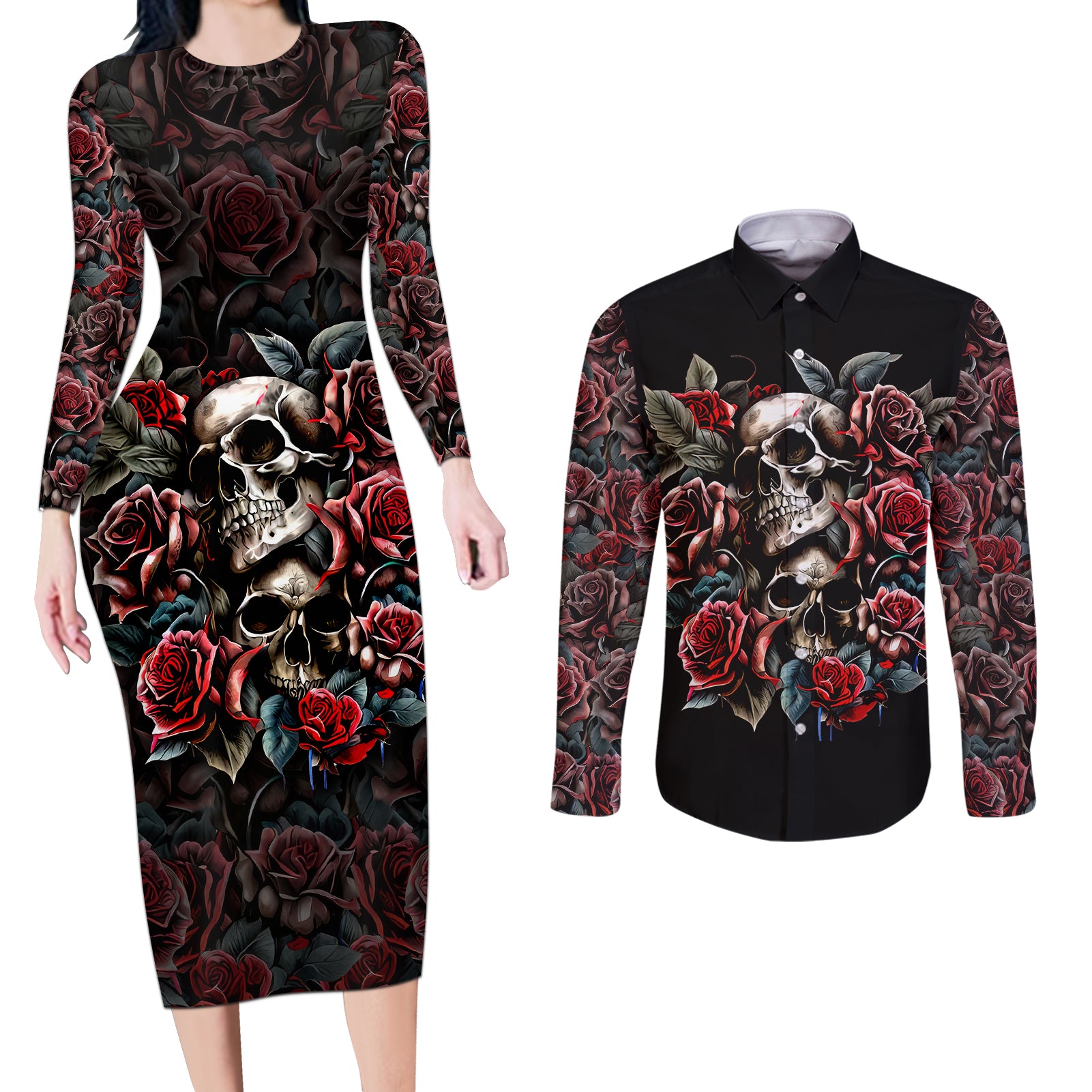 skull-couples-matching-long-sleeve-bodycon-dress-and-long-sleeve-button-shirts-red-rose