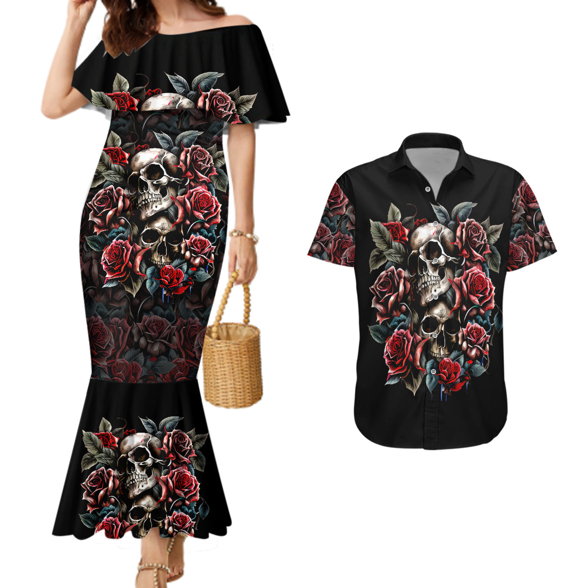 skull-couples-matching-mermaid-dress-and-hawaiian-shirt-red-rose