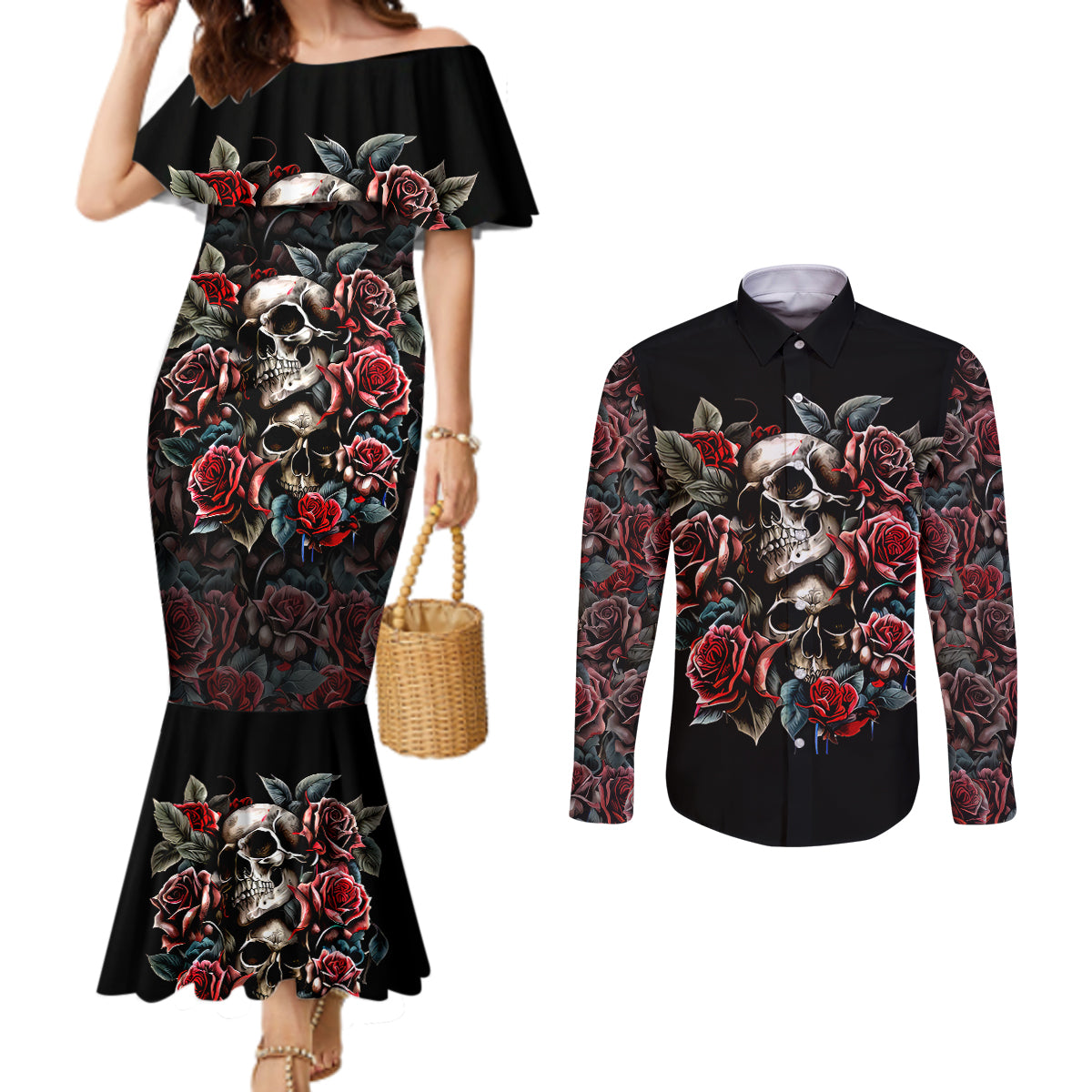 skull-couples-matching-mermaid-dress-and-long-sleeve-button-shirts-red-rose