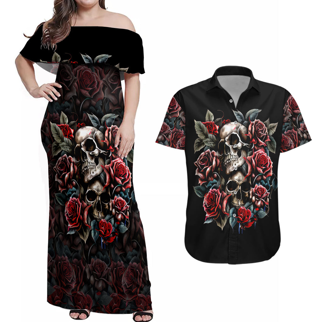 skull-couples-matching-off-shoulder-maxi-dress-and-hawaiian-shirt-red-rose