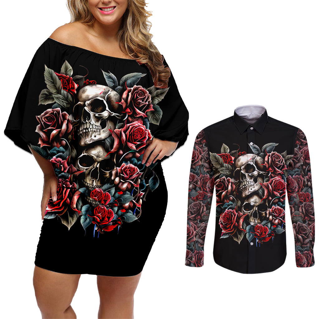 skull-couples-matching-off-shoulder-short-dress-and-long-sleeve-button-shirts-red-rose