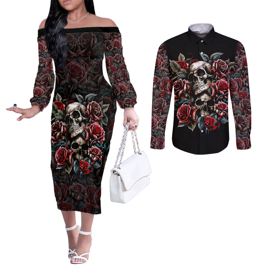 skull-couples-matching-off-the-shoulder-long-sleeve-dress-and-long-sleeve-button-shirts-red-rose