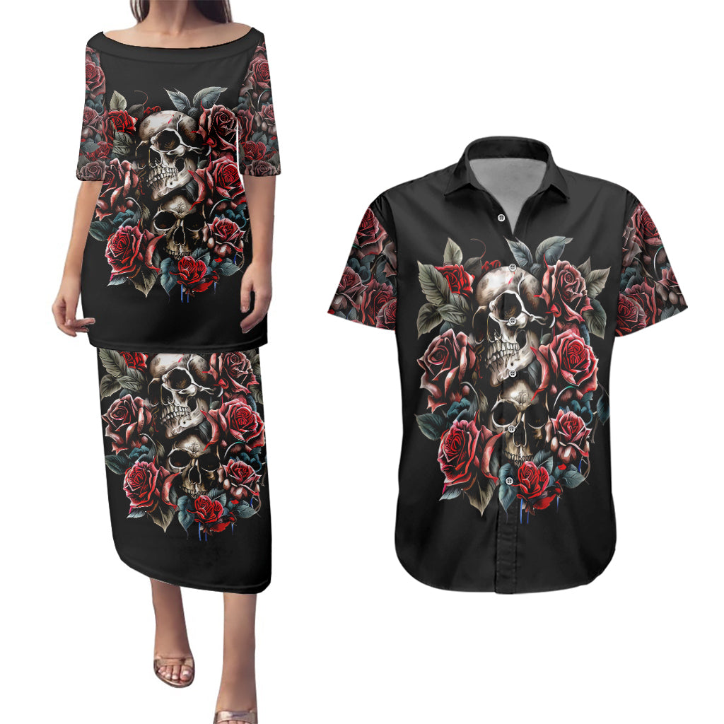 skull-couples-matching-puletasi-dress-and-hawaiian-shirt-red-rose