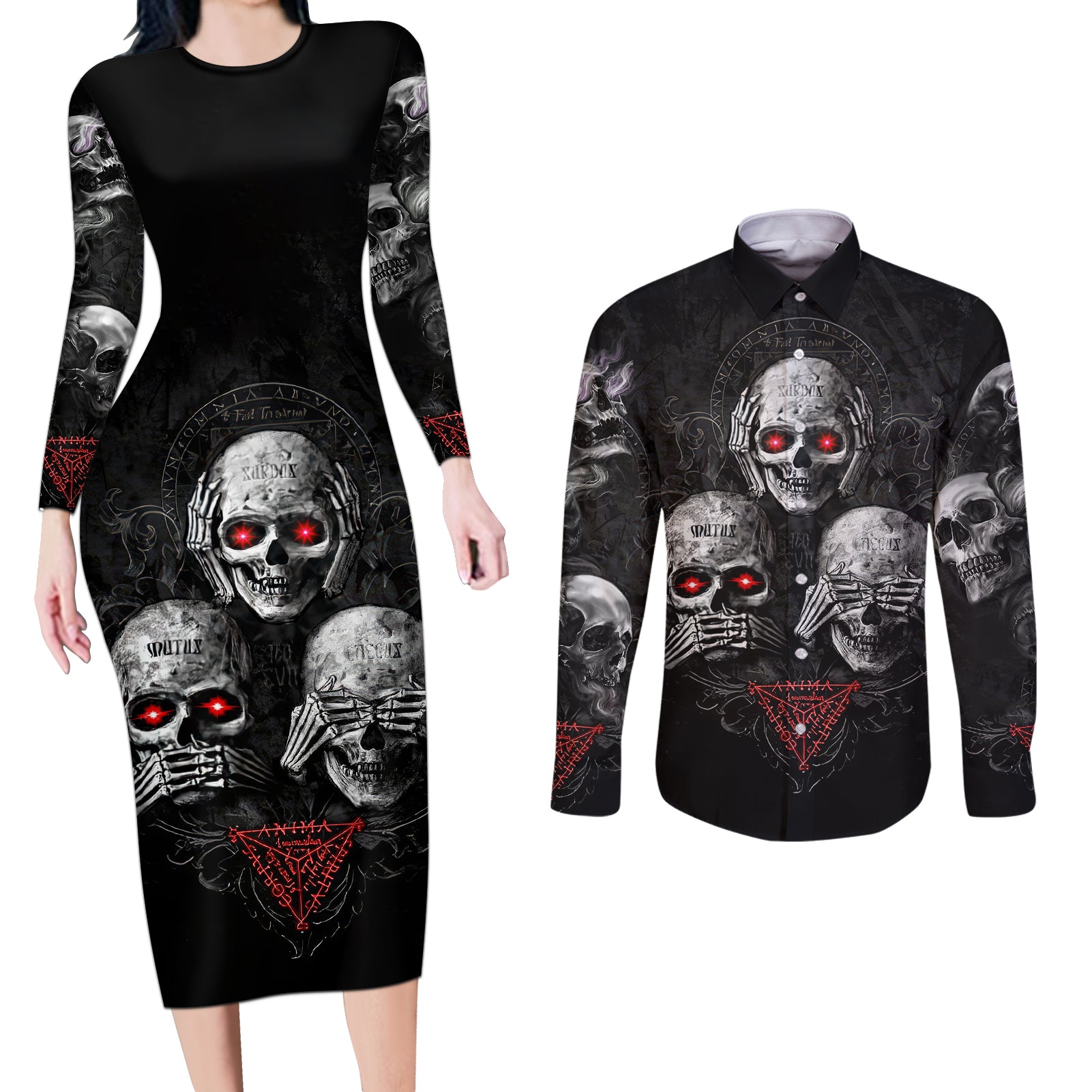 skull-couples-matching-long-sleeve-bodycon-dress-and-long-sleeve-button-shirts-no-see-no-hear-no-speak-evil