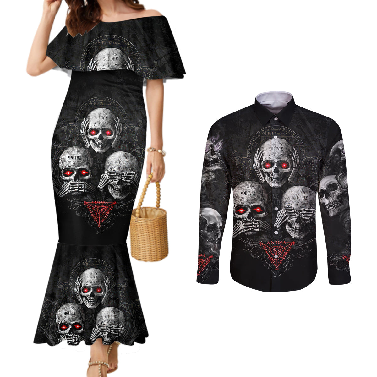 skull-couples-matching-mermaid-dress-and-long-sleeve-button-shirts-no-see-no-hear-no-speak-evil